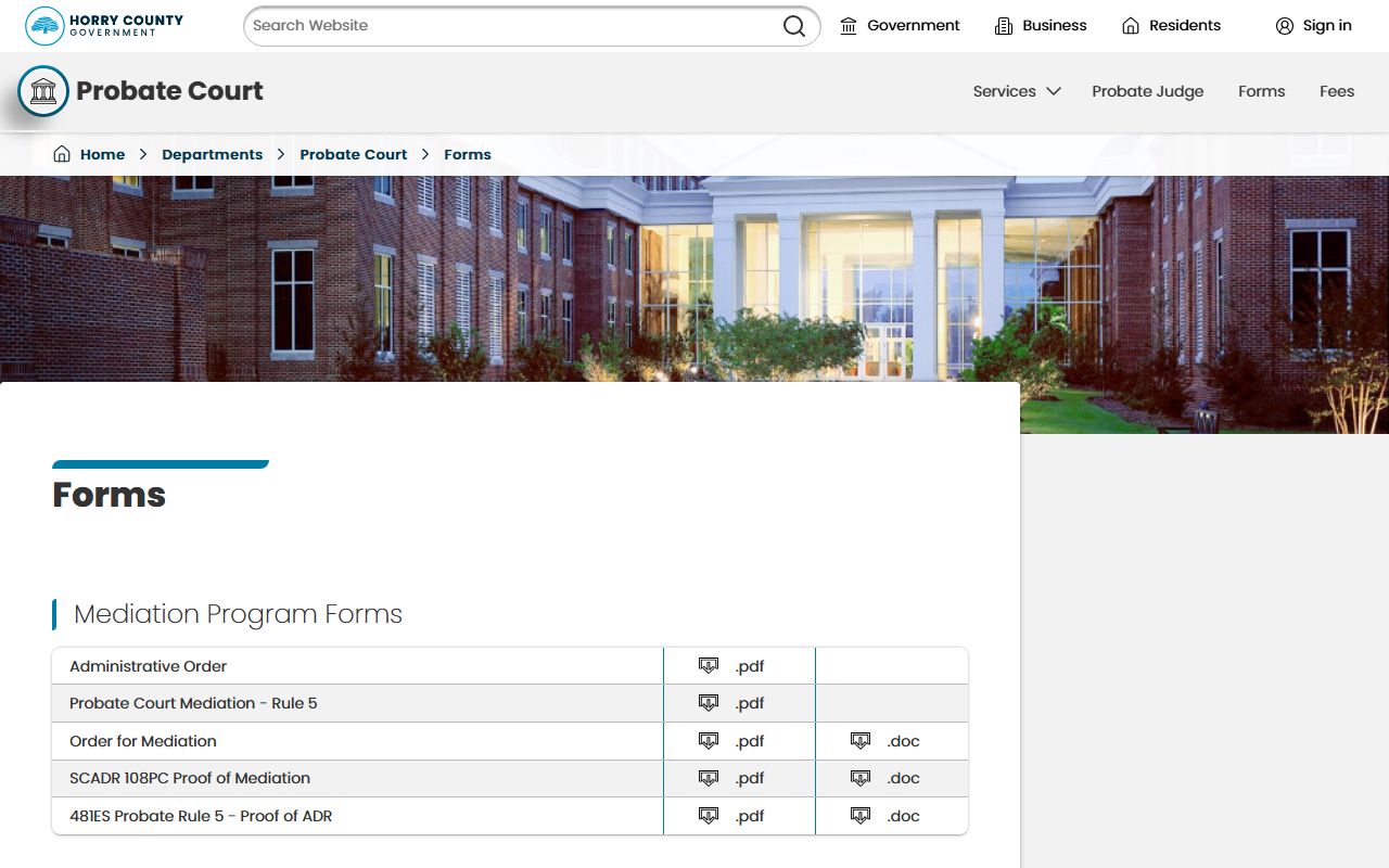 Horry County Clerk of Court linked probate forms library for estate records