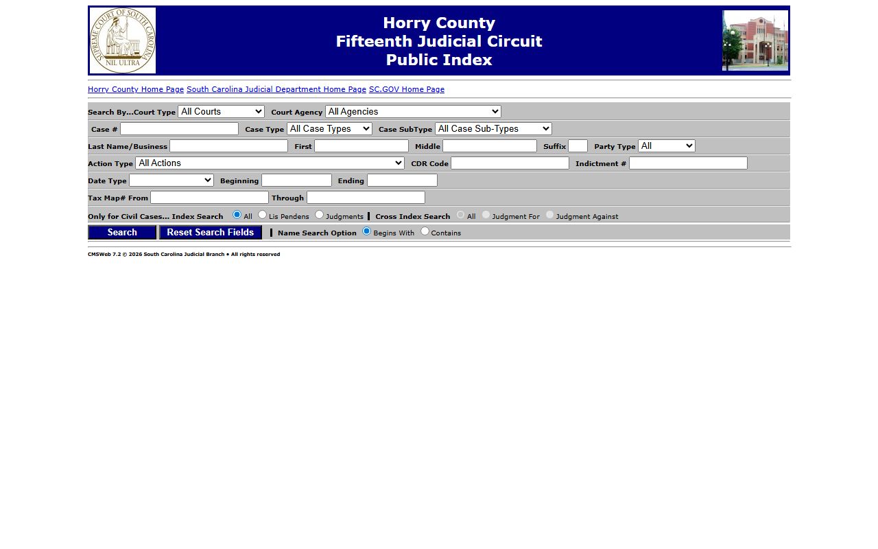 Horry County Clerk of Court Public Index case search form for court records