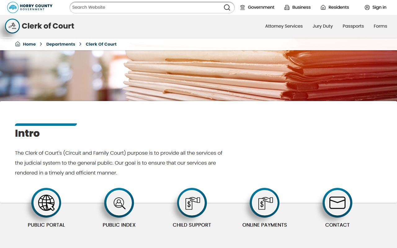 Horry County Clerk of Court department page with Renee Elvis message and portal links