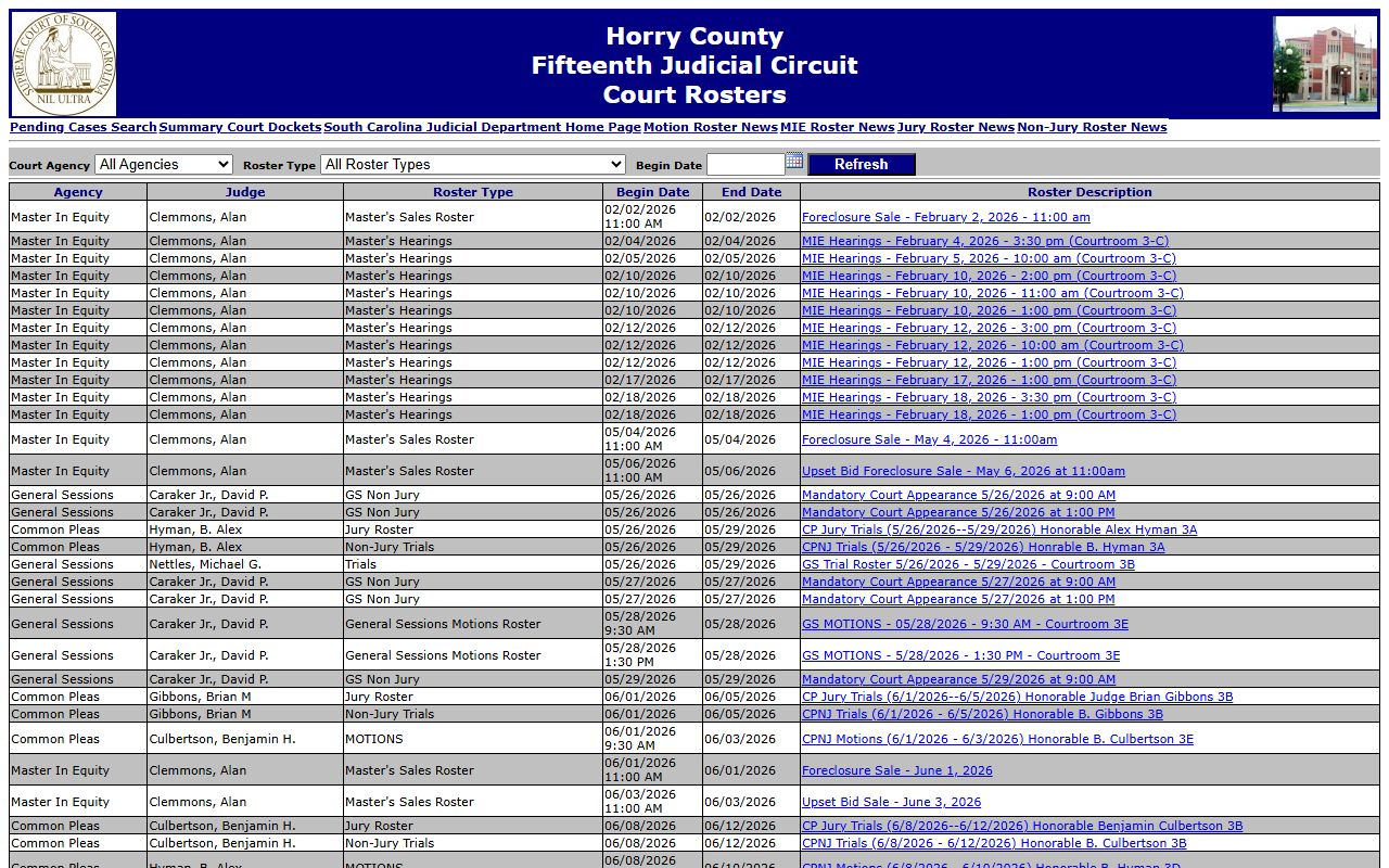 Horry County Clerk of Court court rosters portal for trial schedules