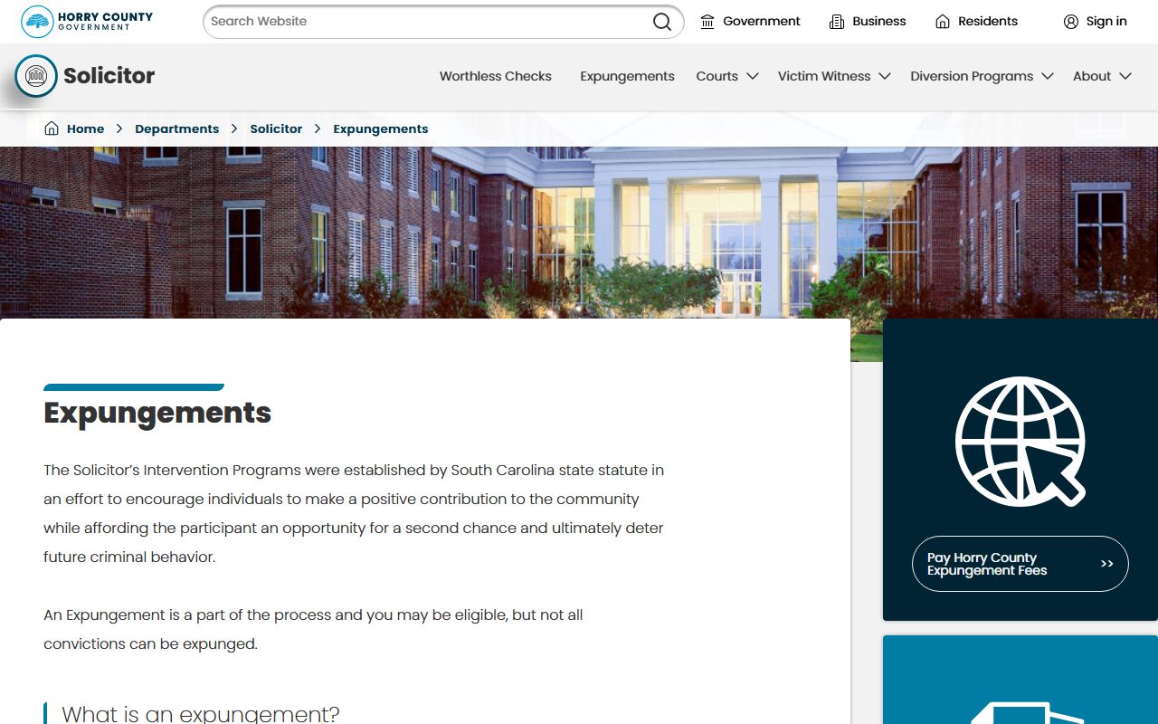 Solicitor expungement page outlining eligibility for Horry County arrest records