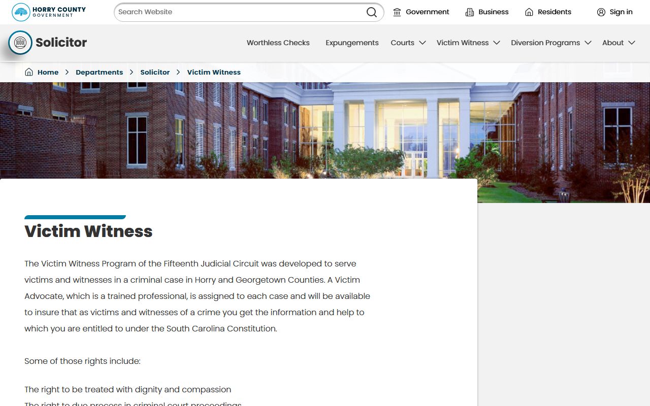 Solicitor victim-witness page connected to Horry County arrest records and prosecution