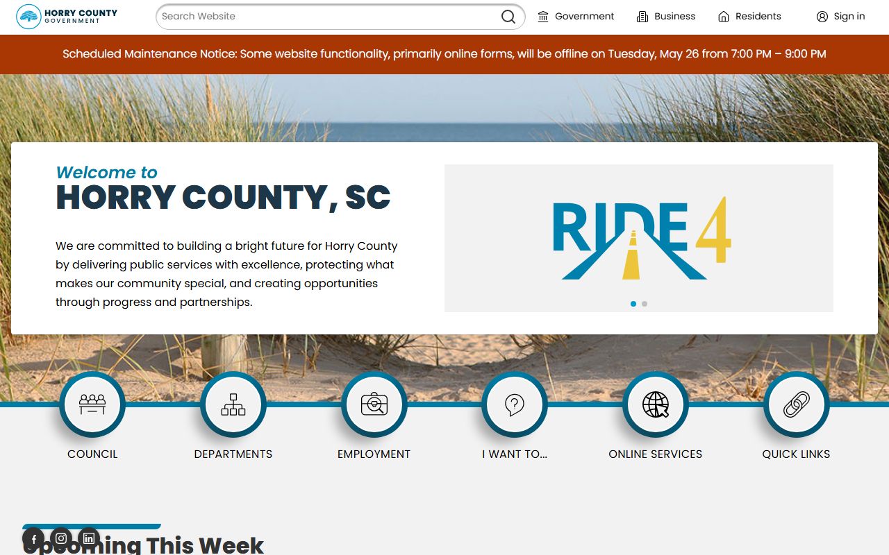 Official Horry County government homepage with department links for court records
