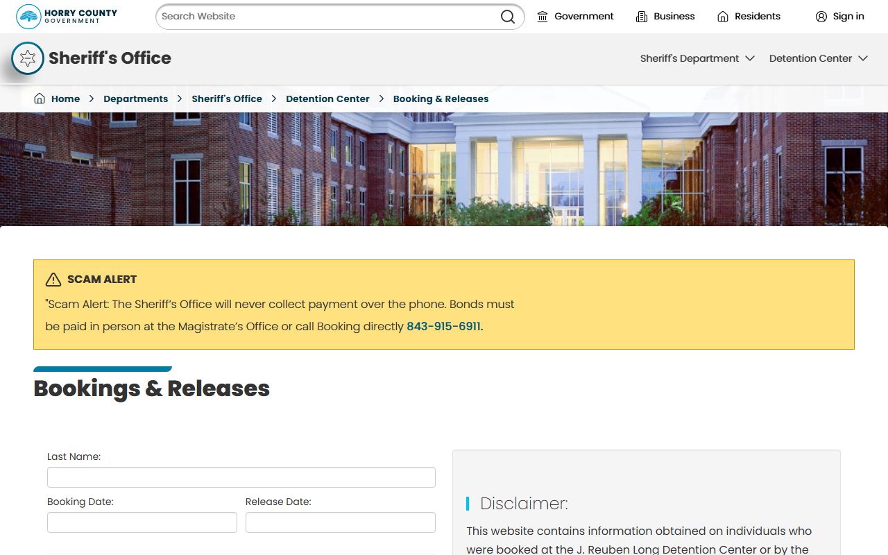 Horry County inmate booking and releases page with bond phone warning
