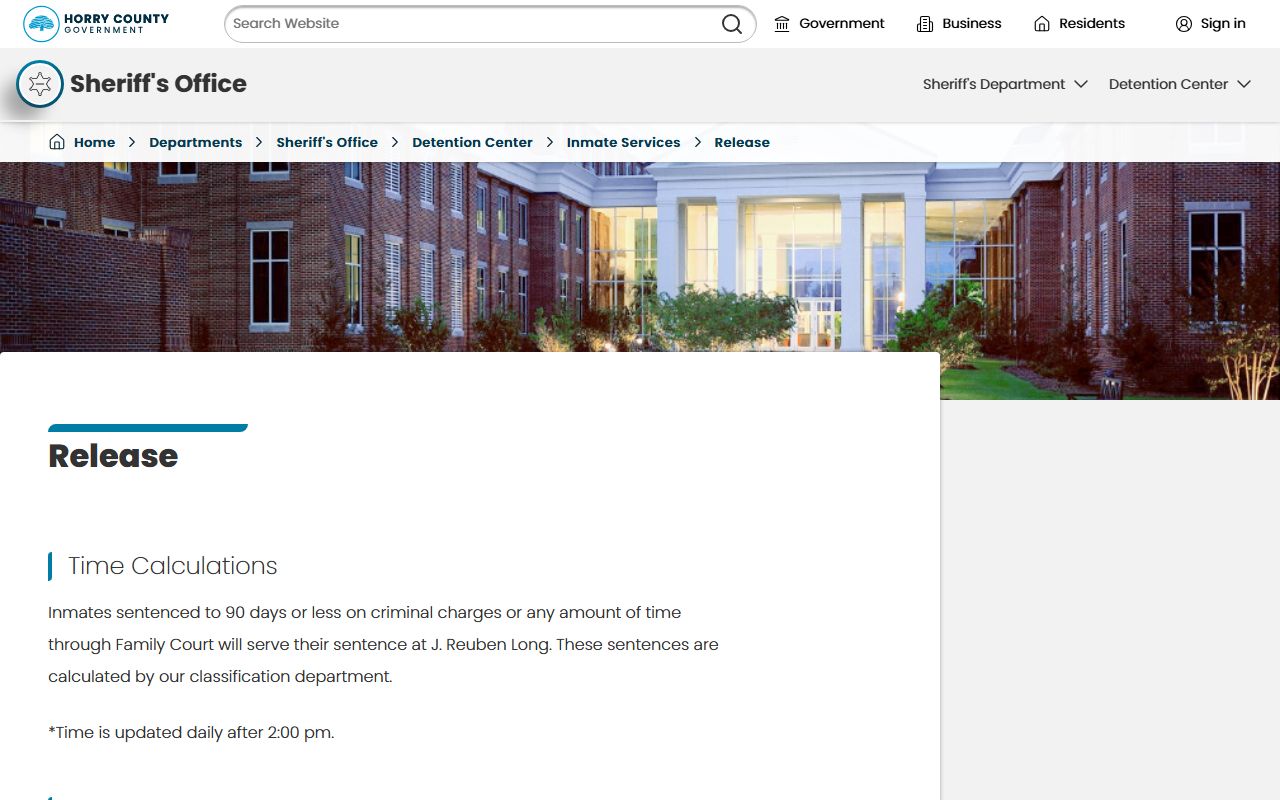 Horry County inmate release page with time credit and transport details