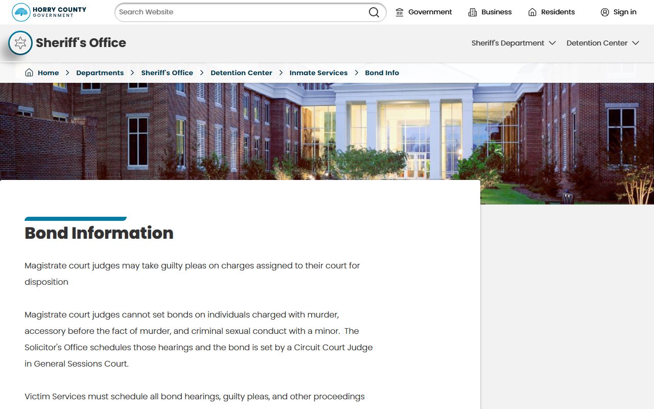 Horry County inmate bond information and magistrate hours page