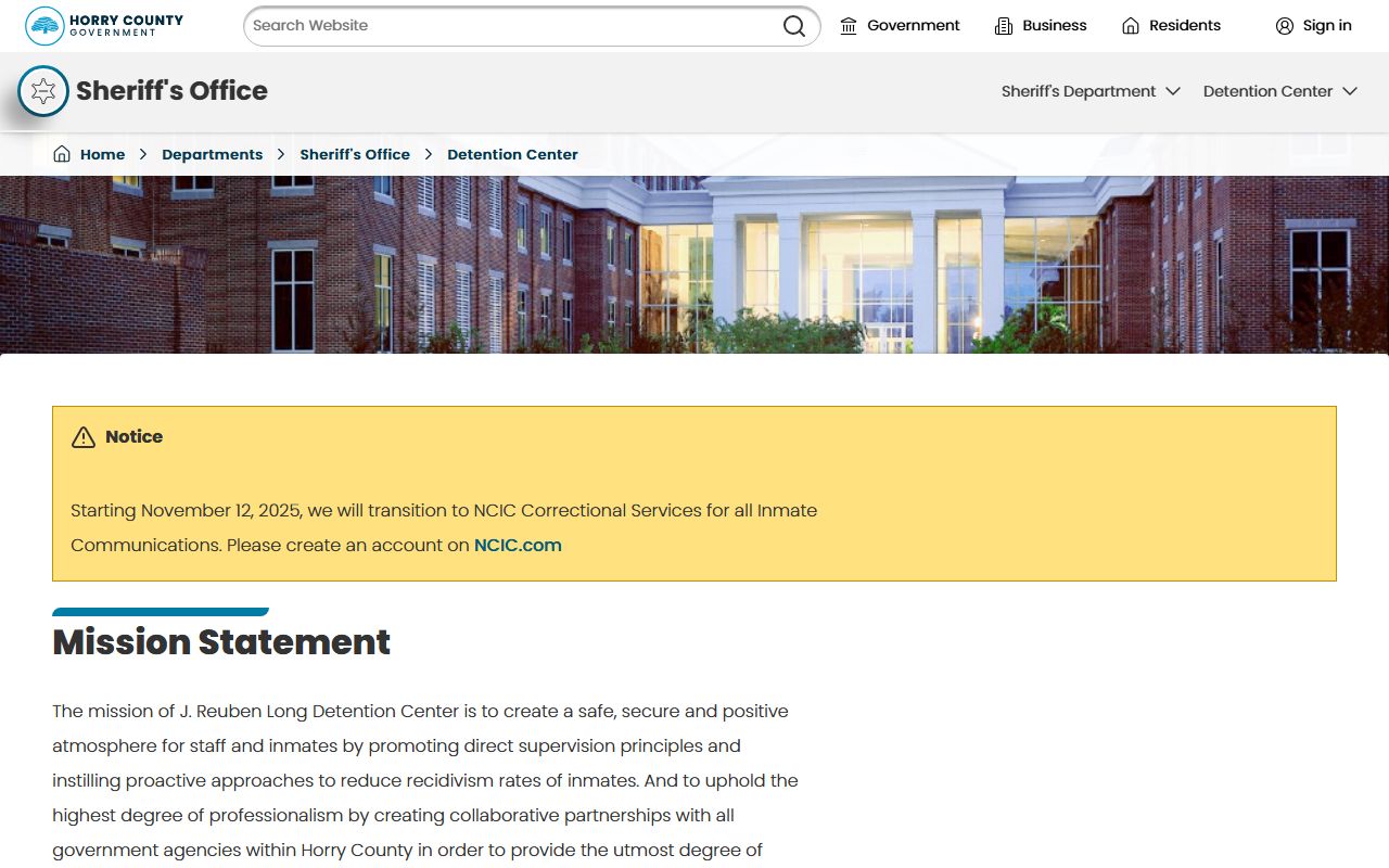 J. Reuben Long Detention Center page for Horry County inmate services