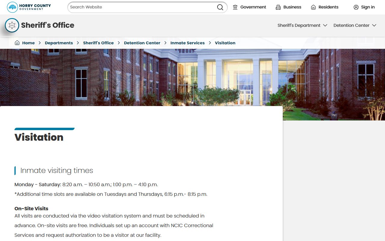 Horry County inmate video visitation rules and schedule page