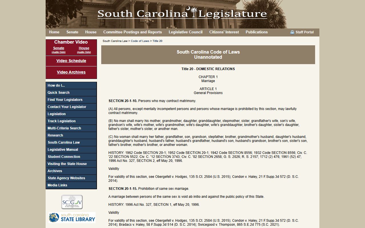 Horry County marriage and divorce records South Carolina marriage law statute page