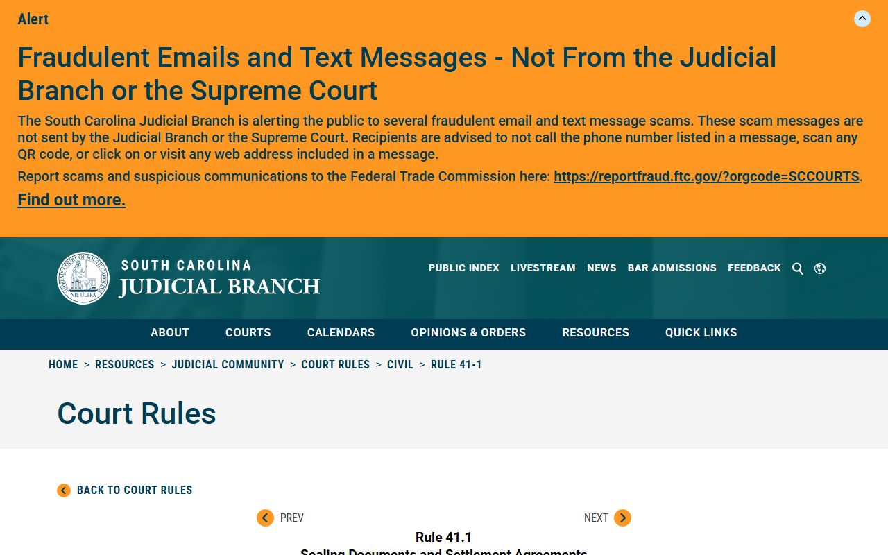 Horry County public records South Carolina Rule 41.1 sealed settlements court rule