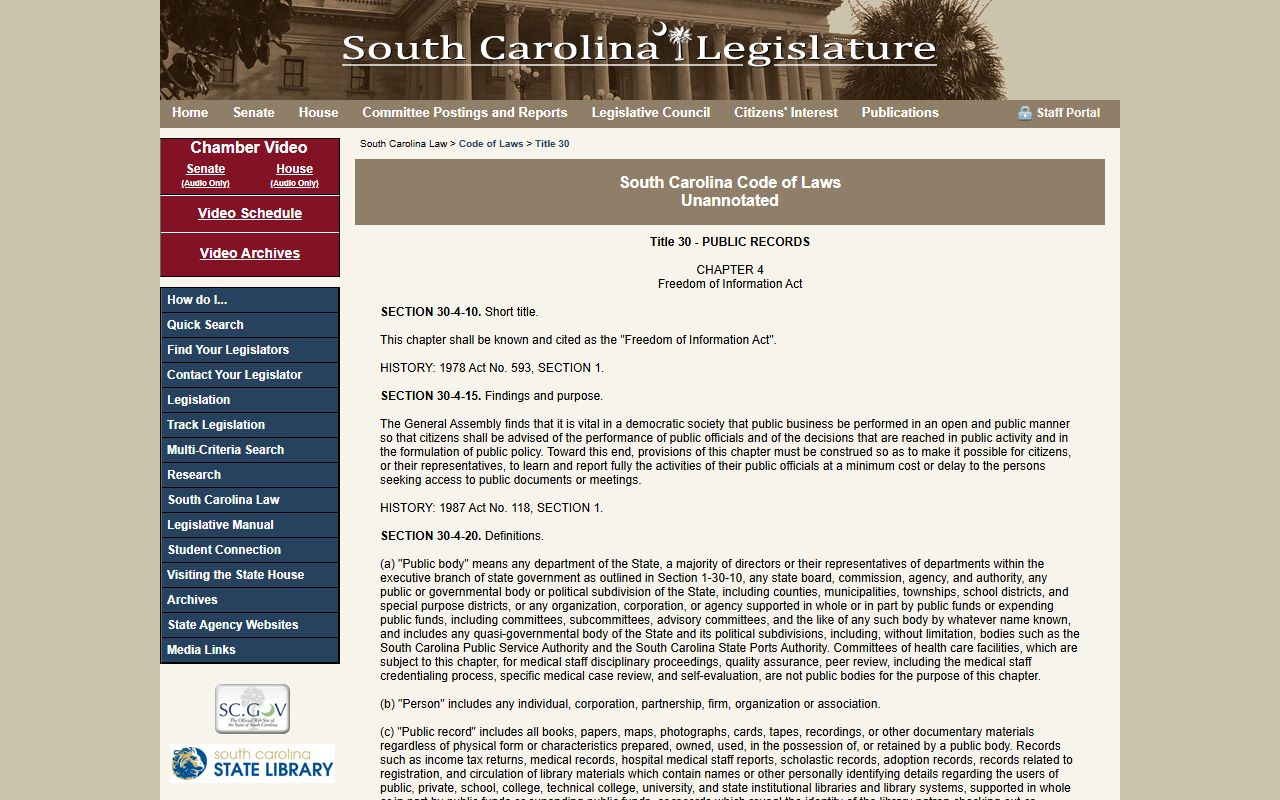 Horry County public records South Carolina FOIA Title 30 Chapter 4 statute text