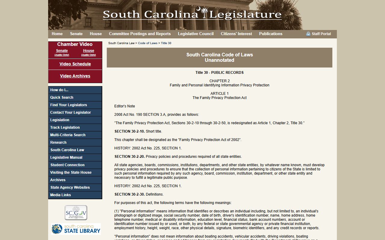 Horry County public records South Carolina Family Privacy Protection Act statute page