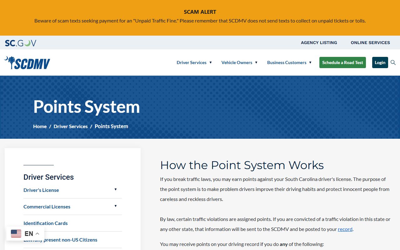 Horry County traffic court records SCDMV points system page