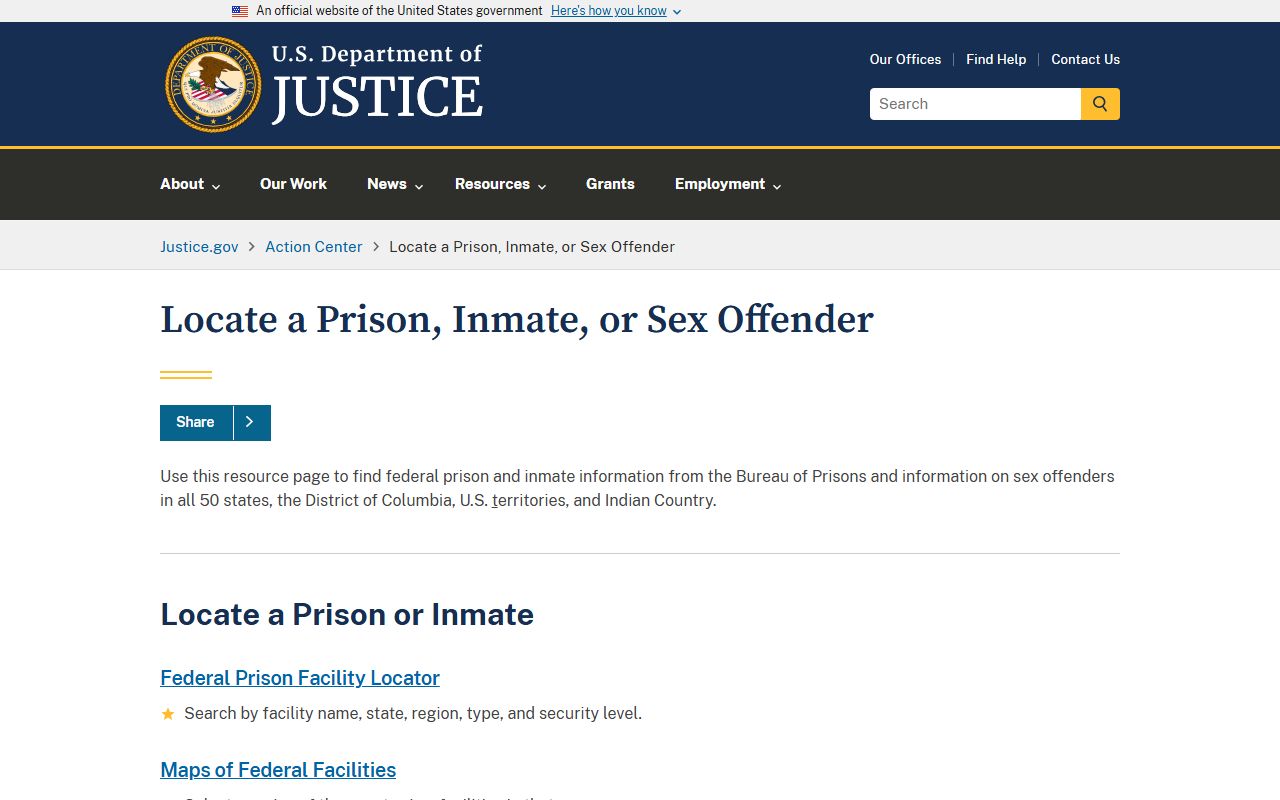 DOJ locator page used in a Horry County warrant and federal inmate search